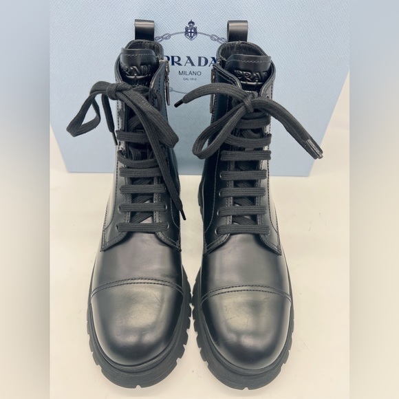 Prada Lug-Sole Leather Combat Boots - Picture 2 of 15